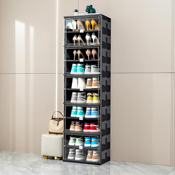 JEKO&JEKO 10 Tiers Foldable Shoe Rack Organizer Cabinet for Closet Entryway, Large Collapsible Shoe Storage Box with Magnetic Doors Fits Up to 20 Pairs (Black)