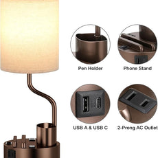 Bedside Table Lamps for Bedroom Set of 2 - Beige Nightstand Lamp with AC Outlet Charging Port and USB A C, 3 Color Temperatures, Included Phone & Pen Holder, Brown Night Stand Lamps for Guest Room