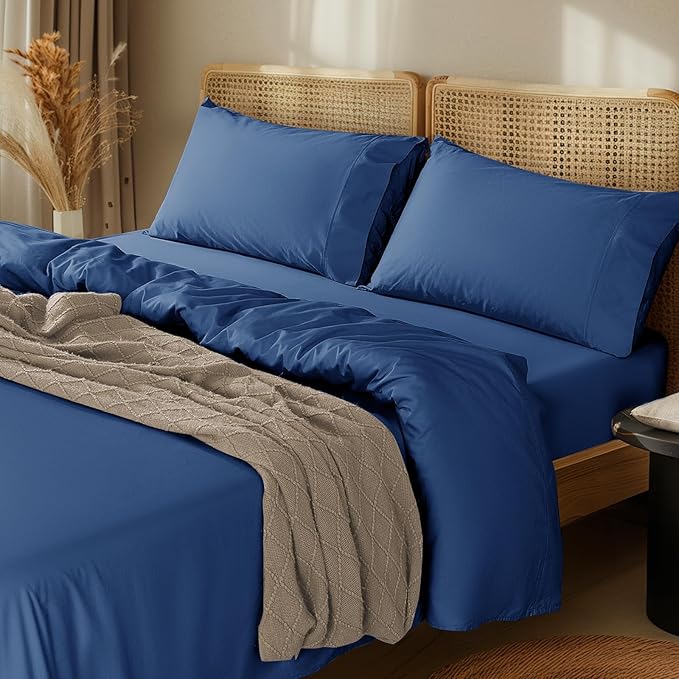 LBRO2M 1000 Thread Count 100% Cotton Sheets Set,California King Size Bed Sheet 4 Piece Sets,Long Staple,16 Inches Deep Pocket,All Season,Bedding Super Soft Comforterble Breathable(Navy Blue)