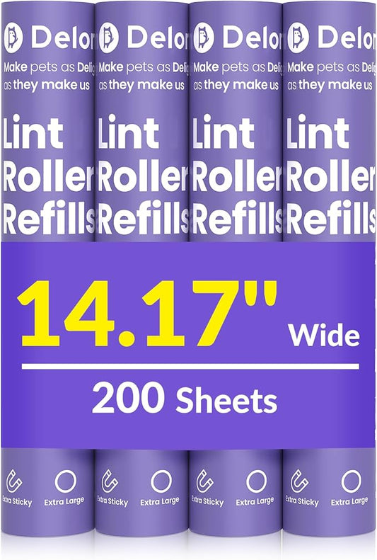 DELOMO 14.17" Large Lint Roller Refills (4 Packs 200 Sheets) – Compatible Only with DELOMO 14.17 in Giant Lint Roller – Extra Sticky Floor Lint Roller Refill for Carpets, Bedding, Couches, Pet Hair