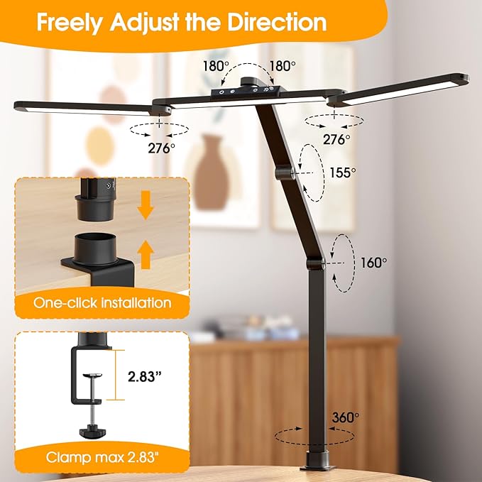 ShineTech LED Desk Lamp for Home Office, 25 Lighting Modes Swing Arm LED Lamp with Clamp, Gesture Sensor, Type C Port, Auto-Off Timer Lamp for Reading