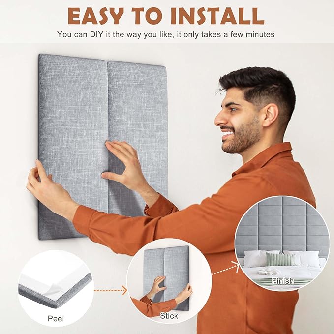IFNOW Upholstered Wall Mounted Headboard, 3D Soundproof Wall Panels Peel and Stick for King Size, Reusable and Removable Tufted Bed Headboard in Light Grey (12 Panels, 10" x 24")
