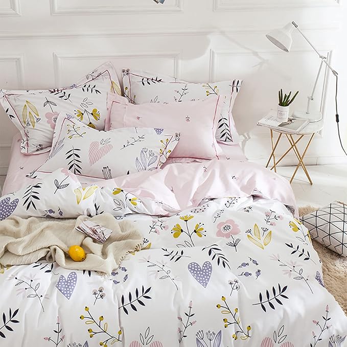 Girls Duvet Cover Queen Floral Bedding Sets White Pink Premium Cotton Colorful Pink Flower Aesthetic Bedding Cover Queen for Teens Women Reversible Comforter Cover Boho Branches Bedding Collection