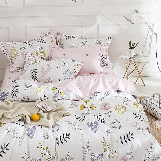 HighBuy Girls Duvet Cover Full Size Bedding Sets Floral Aesthetic Coquette Bedding Set White Pink Premium Cotton Teens Flower Bedding Sets Kids Comforter Cover Soft Branches Full Pink