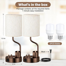 Bedside Table Lamps for Bedroom Set of 2 - Nightstand Lamp with AC Outlet Charging Port and USB A C, 3 Color Temperatures, Included Phone Holder & Pen Holder, Brown Night Stand Lamps for Guest Room