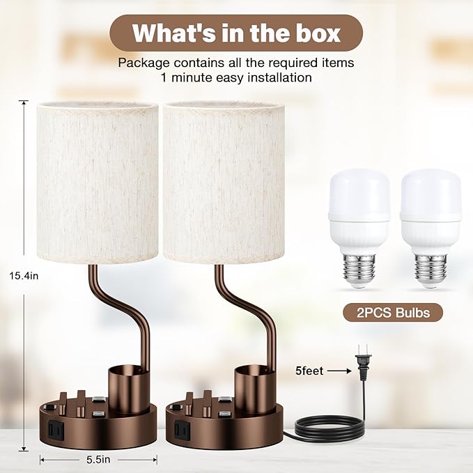 Bedside Table Lamps for Bedroom Set of 2 - Nightstand Lamp with AC Outlet Charging Port and USB A C, 3 Color Temperatures, Included Phone Holder & Pen Holder, Brown Night Stand Lamps for Guest Room