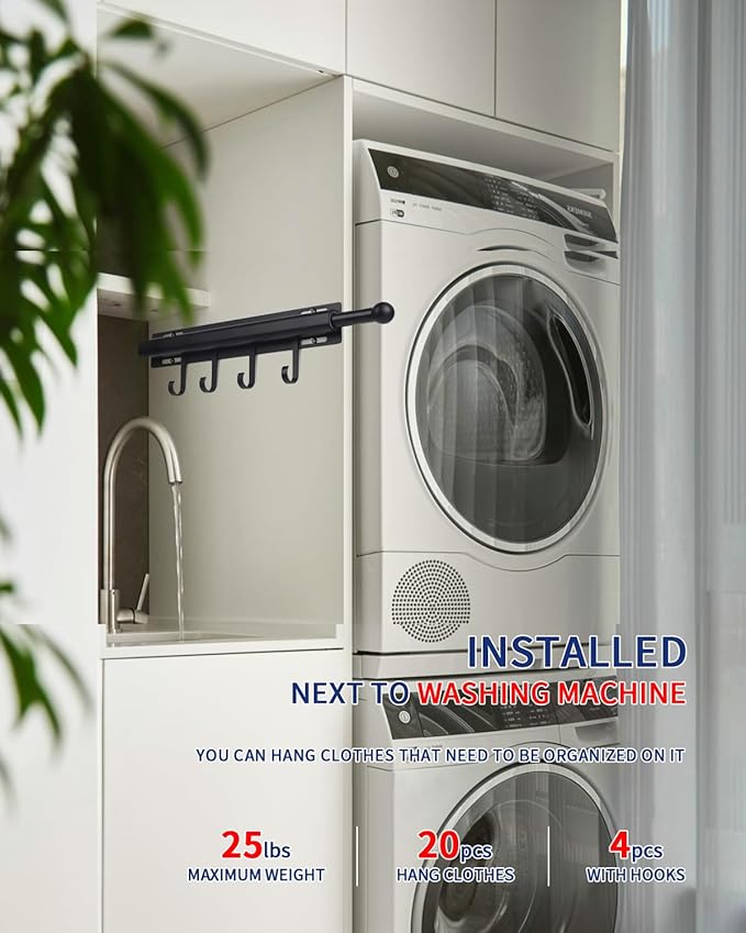 12 inch Valet Rod for Closets Pull Out Closet Valet Rod Slide Out Black Pull Out Clothes Hanger With 4 Hooks