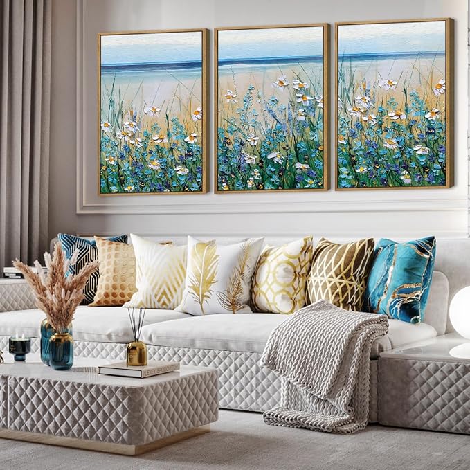 Extra Large Blue Floral Wall Art Framed Artwork for Living Room Bedroom Bathroom Blue Flowers Bloom Painting by The Seaside 24x36 Inches Set of 3