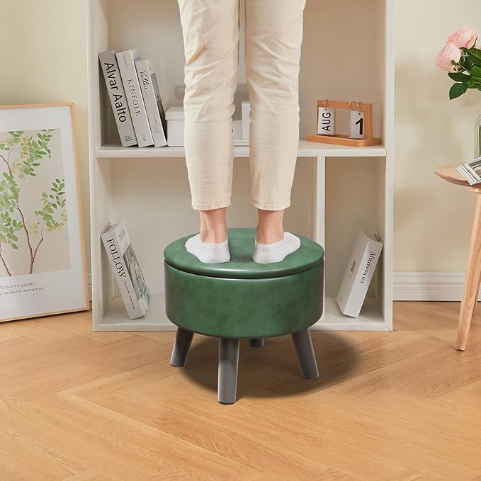 Small Foot Stool Ottoman with Storage, Faux Leather Ottoman Foot Rest for Couch, Round Footstool Ottomans for Living Room (Green)
