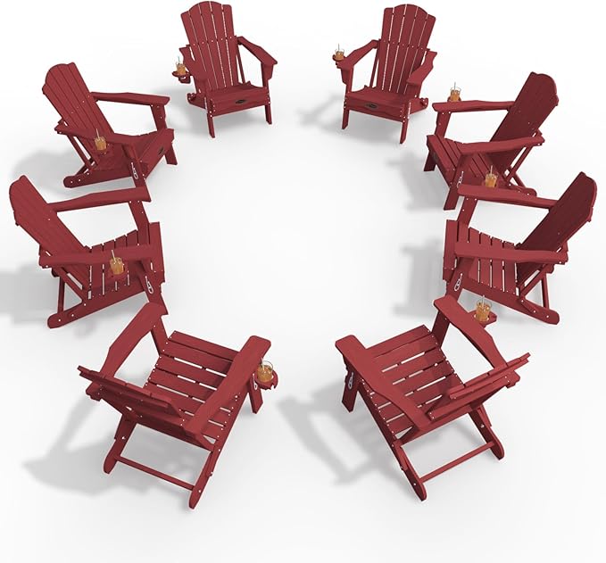 Adirondack Chair Set of 8, Folding All-Weather Outdoor HDPE Patio Chair with Cup Holder, Red