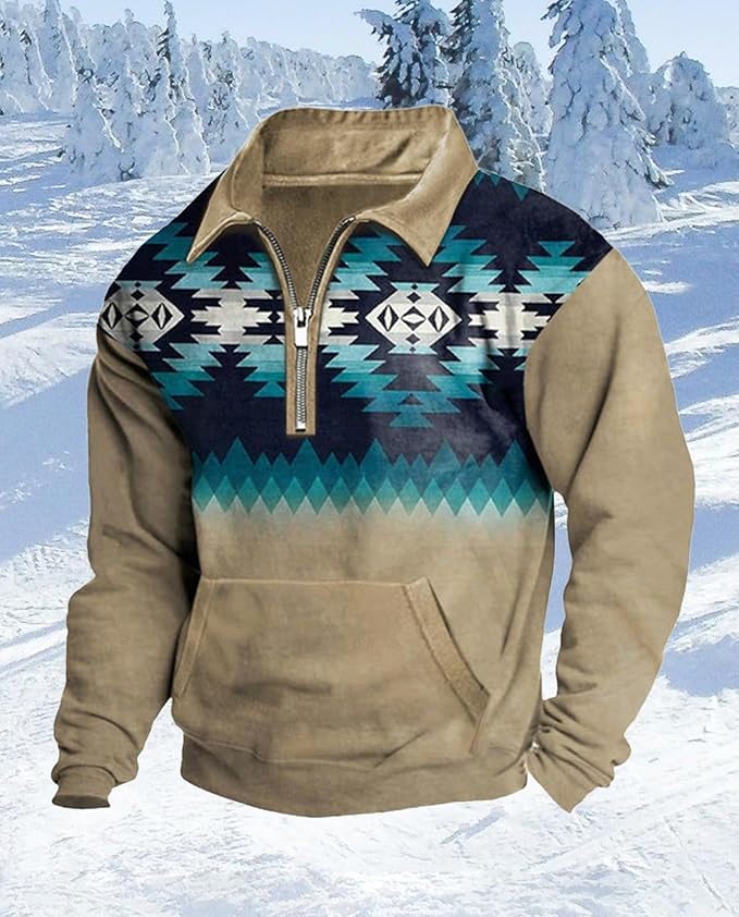 Western Sweatshirts for Men Aztec Cowboy Vintage Graphic Fleece Hoodie Mens Quarter Zip Pullover Country Jacket