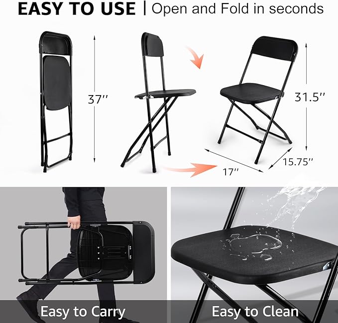 8 Pack Black Folding Chairs, Portable Stackable Commercial Foldable Chair, Indoor Outdoor Plastic Folding Chair for Events/Office/Home/Wedding/Party, 400lbs Capacity