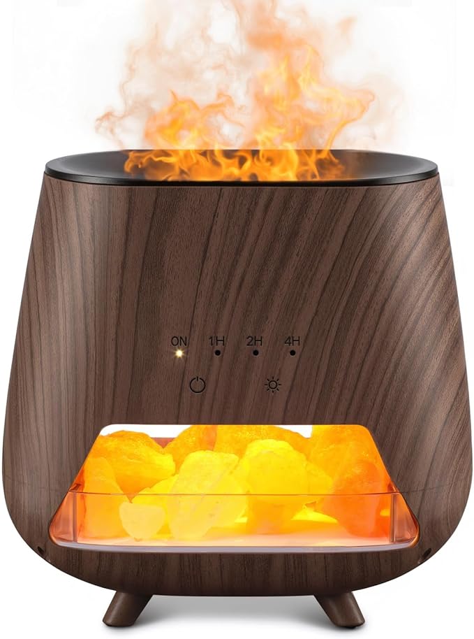 Essential Oil Diffuser for Home - Aromatherapy Diffuser with Pure Himalayan Pink Salt Rock, 200ml Wood Grain Scent Diffuser, Cool Mist Humidifier with 9 Colors LED Light for Bedroom, Black