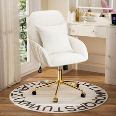 Home Office Desk Chair Comfy with Adjustable Swivel Wheels, Modern Velvet Makeup Vanity Chair with Back & Pillow, Ergonomic Office Chair Computer Task Chair for Living Room, Bedroom, White