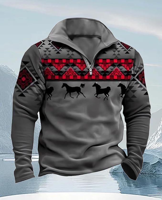Western Sweatshirts for Men Aztec Cowboy Vintage Graphic Fleece Hoodie Mens Quarter Zip Pullover Country Jacket