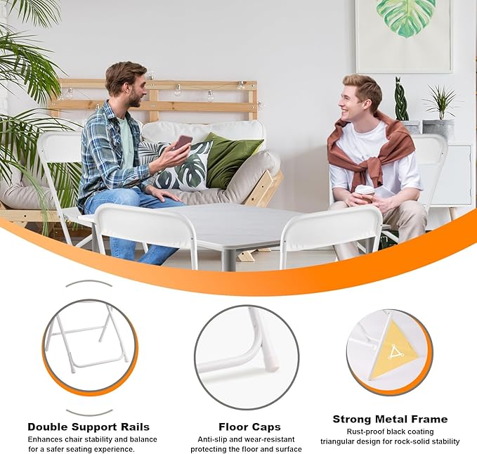 4 Pack White Folding Chairs, Portable Stackable Commercial Foldable Chair,Indoor Outdoor Plastic Folding Chair for Events/Office/Home/Wedding/Party, 400lbs Capacity