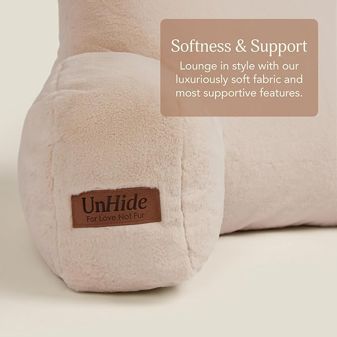 UnHide Squish Backrest Pillow - A Large Pillow with Arms for Sitting Up in Bed, Reading or Lounging - Removable, Washable Faux Fur Cover, Beige