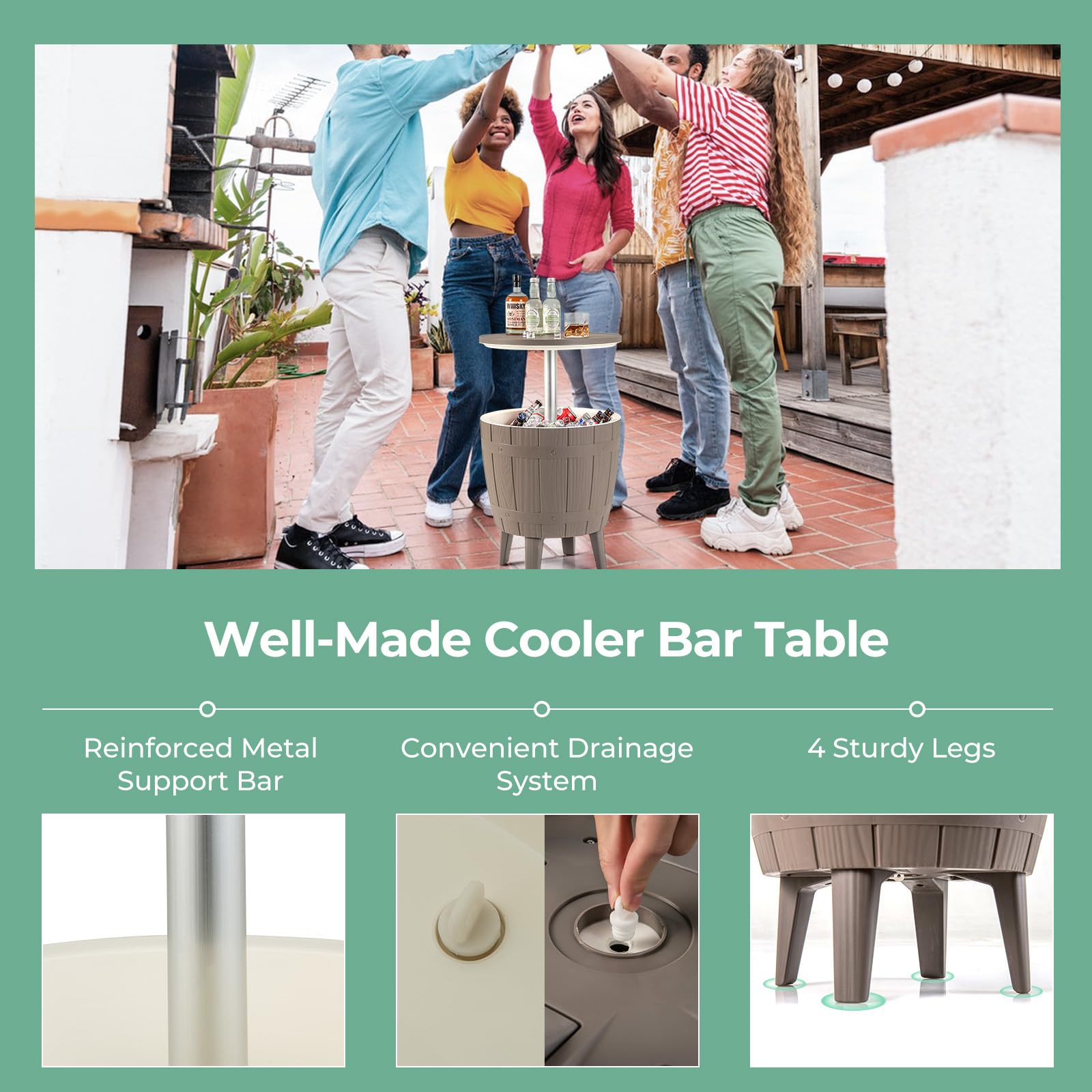 Giantex Cooler Side Table Outdoor, 10 Gallon Ice Cooler with Drainage Plug, Adjustable Height, 3-in-1 Cocktail Patio Par Table for Beer Wine Storage, Deck Pool Backyard Party, Taupe (Wood-Style)
