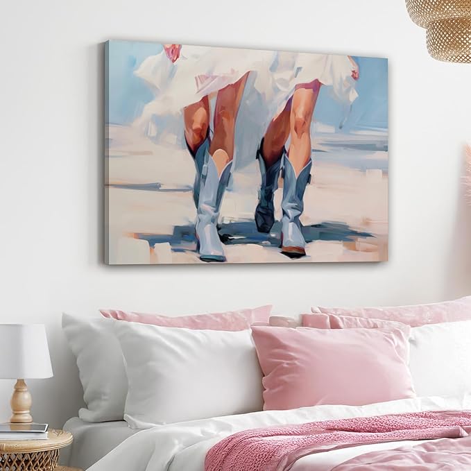Cowgirl Boots Wall Decor, Girly Western Paintings for Apartment, Trendy Western Cowboy Boot Painting Girls Aesthetic Canvas Prints Cowboy Boot Wall Art Prints for Teen Girls Bedroom Framed 16x24 in
