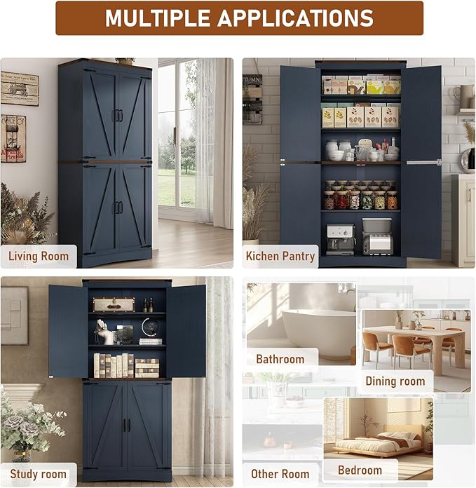 71" Tall Kitchen Pantry,Farmhouse Storage Cabinet with Adjustable Shelves,Load-Bearing Steel Pipe,Farmhouse Pantry Cabinet with 4 Barn Doors,for Kitchen,Dining Room,Living Room(Blue)