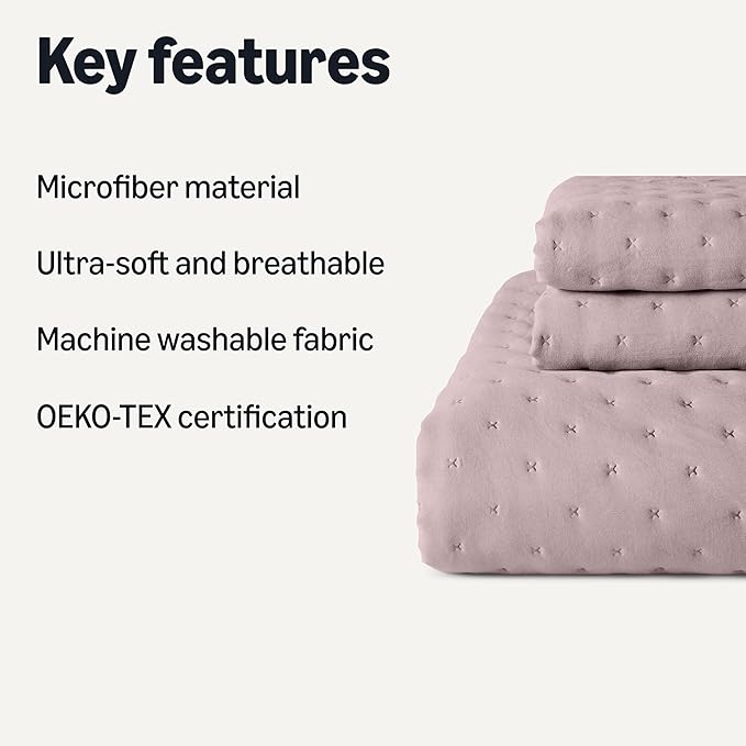 Amazon Basics Brushed Microfiber Quilt Set, Extra Soft with Natural Texture, 3-Piece,Queen/Full, Purple