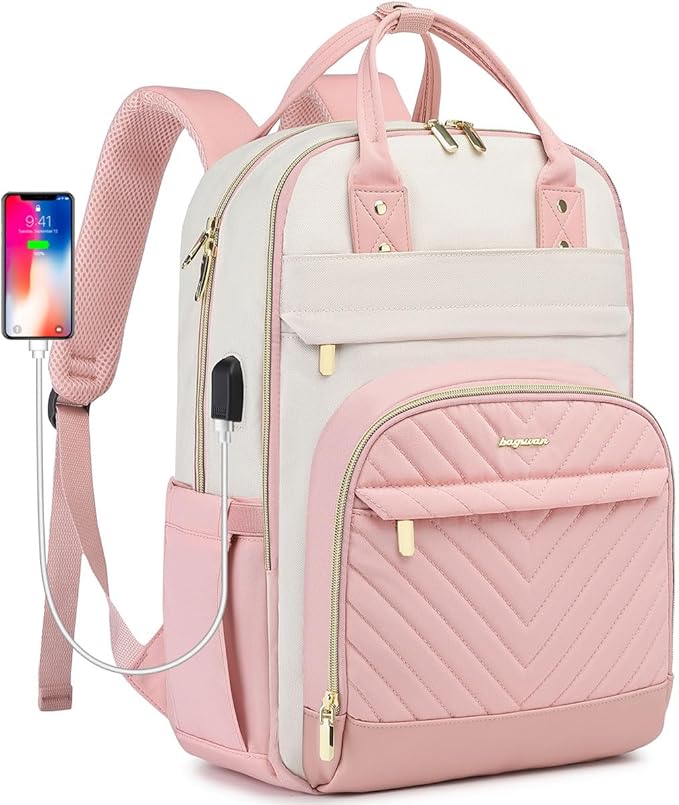 Backpack for Women Laptop Bag: Work Travel Backpacks Fits 17 inch Computer Waterproof College Bookbag with USB Charger Anti-theft Business Casual Backpack Purse for Nurse Teacher Beige Pink