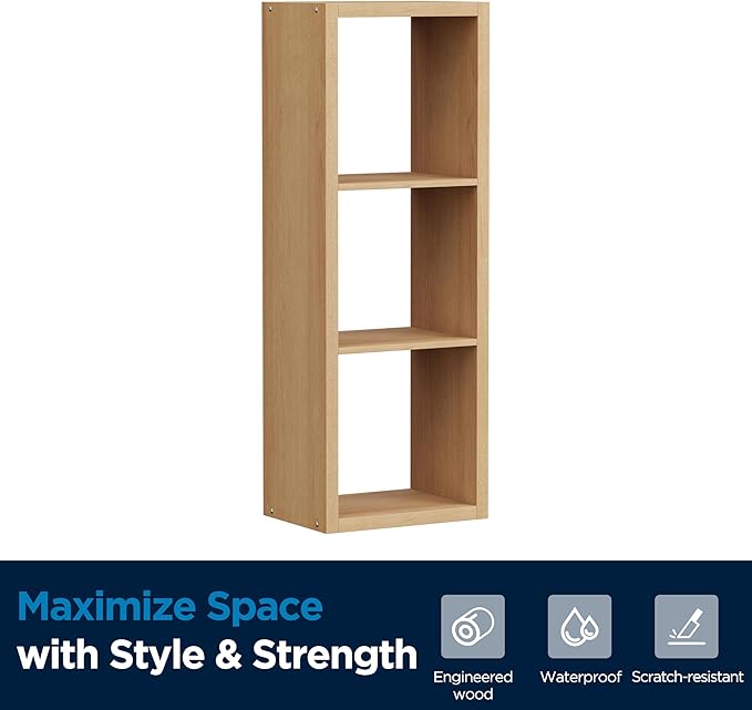 3 Cube Storage Organizer Single Row, Cube Shelf with Heavy-Duty Thick Boards, 13.31"L x 9.37"W x 36.93"H, Smooth Easy-Clean Panels, Simple Assembly, for Living Room Bedroom Office, Natural-Oak