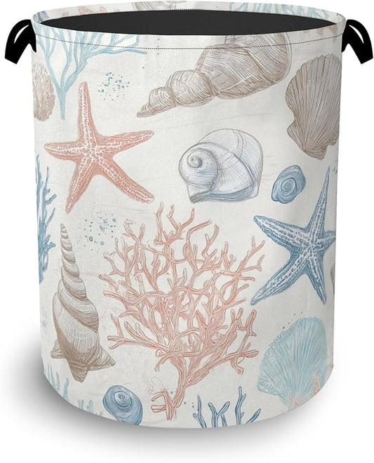 Starfish Laundry Hamper,Shell Coral Dirty Clothes Laundry Basket with Handles Waterproof Oxford Cloth Storage Basket for College Dorms Bathroom Bedroom 16" x 20.8"