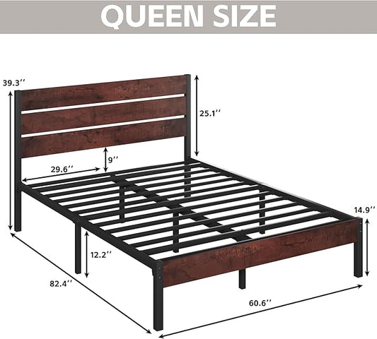 Queen Bed Frame with Headboard and Footboard, with Under Bed Storage, All-Metal Support System, No Box Spring Needed, Easy Assembly, Red Brown