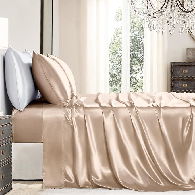 Satin Sheets Queen Size - 4 Pieces Luxury Silky Soft Bed Sheets, Wrinkle-Free Champagne Satin Silk Sheet Set with 1 Deep Pocket Fitted Sheet, 1 Flat Sheet, 2 Pillow Cases