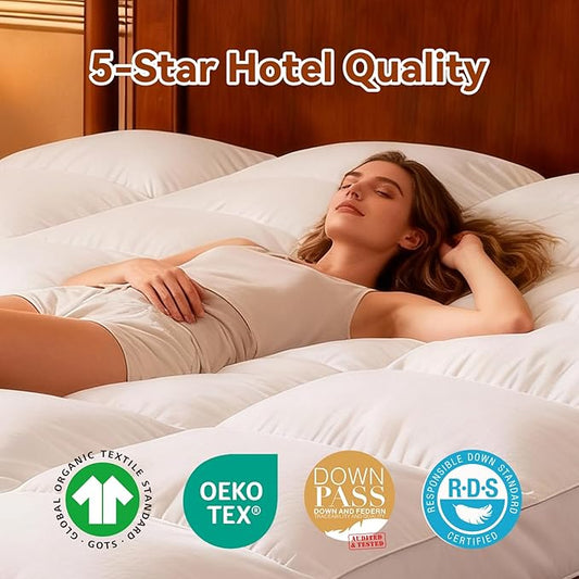 3 Inch White Goose Feather Mattress Topper,King Feather Bed Topper,Mattress Cover with Straps,Ultra Soft Pillowtop,100% Organic Cotton Fabric(78”x80”)