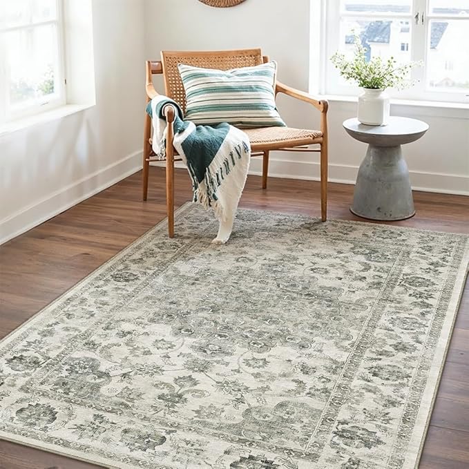4x6 Washable Neutral Area Rug Green Vintage Entryway Office Carpet Non-Slip Soft Low Pile Floral Throw Rug for Entrance Living Room Bathroom Dining Room