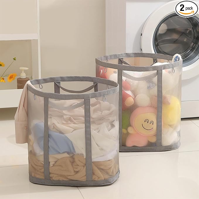Mesh Bag with Handles, Collapsible Laundry Basket, Foldable Laundry Bag, Breathable Folding Beach Bag,Space-saving Travel Tote Bags (2, Grey)