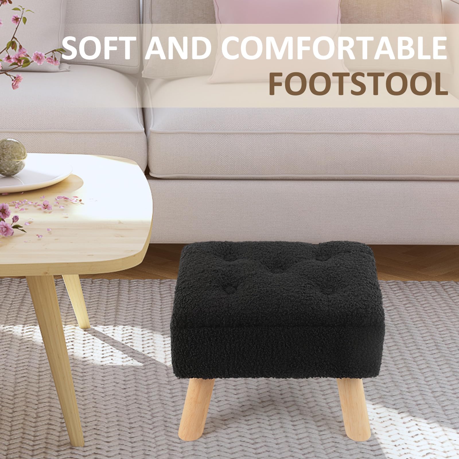 OGEMXU Storage Ottoman, Small Foot Stool Ottoman with Storage, Boucle Teddy Velvet Foot Rest with Padded Seat, Sturdy Wood Legs Stool for Living Room, Bedroom, Couch, Enterway (Cream) Dormly