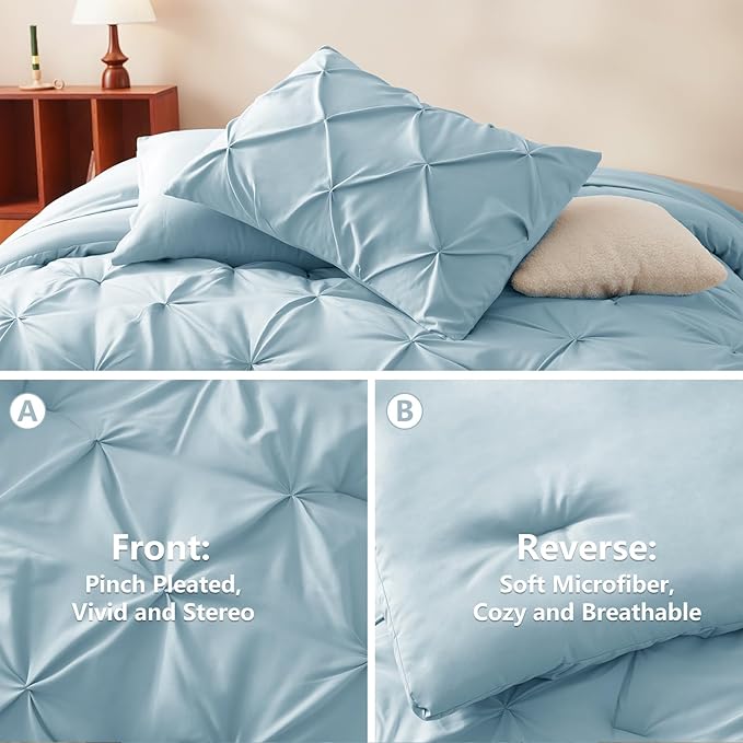 CozyLux King Size Comforter Set Light Blue, 7 Pieces Pintuck Bed in A Bag Blue Comforter King Size, Pinch Pleat Bedding Set with All Season Comforter, Sheets, Pillowcases & Shams