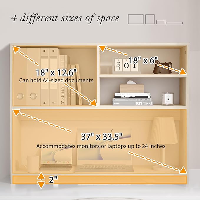 Jerry & Maggie Desktop Bookshelf Organizer, 4-Tier Desk Shelf with Hutch for Computer Desk, Wall Shelf Organizer & Room Decor Aesthetic, Dorm & Office Storage for Books, Laptop (White Wood/38 in)