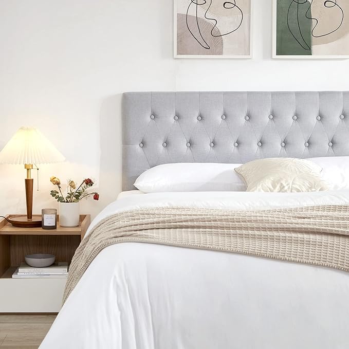 Kingfun Tufted Upholstered Full Size Bed Headboard in Modern Button Design, Adjustable Solid Wood Head Board, Premium Linen Fabric Padded Headboards in Bedroom (Grey)