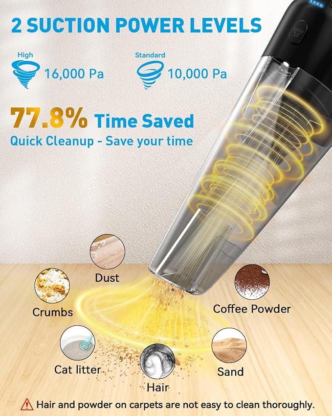 PowerSpeed CleanView Portable Handheld Vacuum - 16000Pa Strong Suction Powerful with 800mL Dust Cup and LED Light - Cordless Vacuum Cleaner for Home Daily Quick Clean - for Dust/Pet Hair/Floor Debris