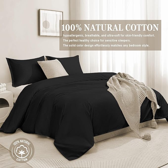 100-Percent Cotton Duvet Cover Set, Hidden Zipper Closure, Ultra Soft, Easy Care and Durable, Simple Bedding Style, Queen, Black (Comforter Not Included)