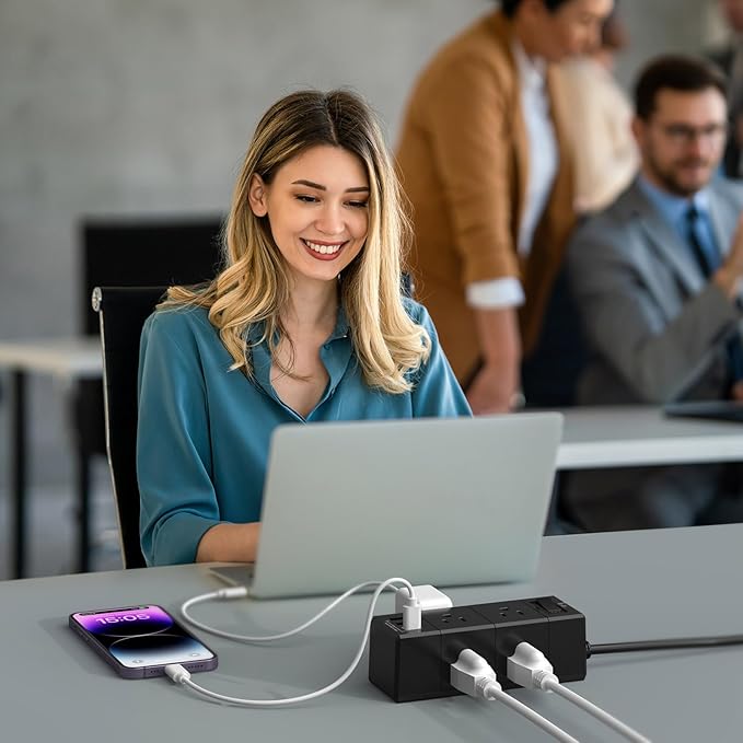 5Ft Extension Cord Flat Plug Power Strip - Tcstei 3-Side Outlet Extender with 6 AC Outlets and 3 USB Ports (1 USB C), Compact for Home, Office, Dorm Room Essentials, Black