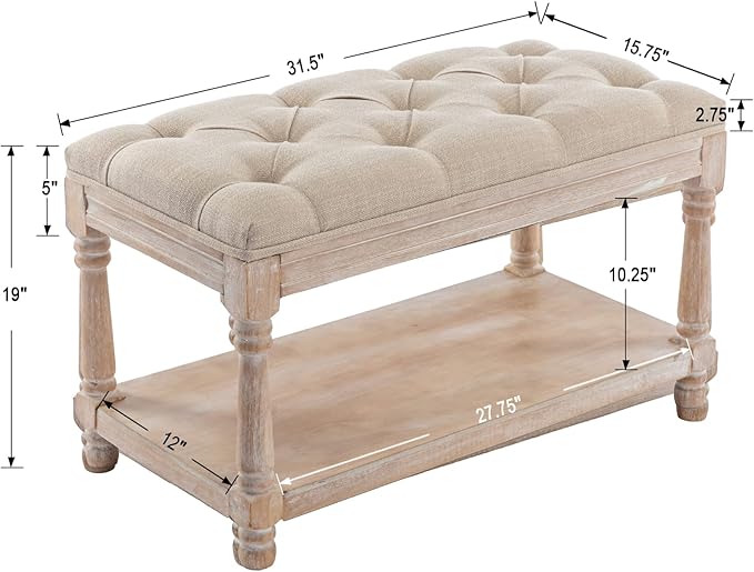 Kmax Storage Entryway Bench Tufted Shoe Rack Bench Wood Window Bench for Hallway Entrance Bedroom Corner-1 Seat, Beige