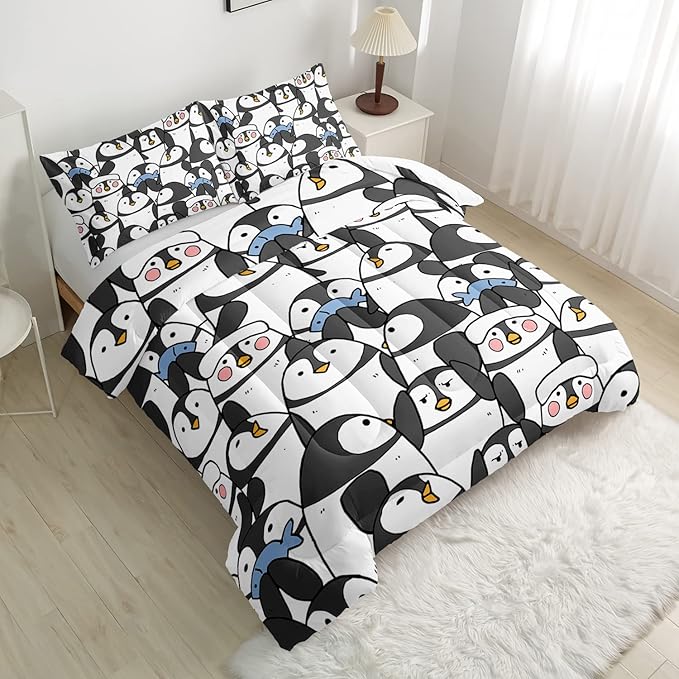 CVHOUSE Cartoon Penguin Bedding Set Twin Cute Animal Pattern Kids Teen Comforter Set 3 Pieces with 1 Comforter + 2 Pillow Cases Decor Comforter Set Cute Penguin Animal Pattern