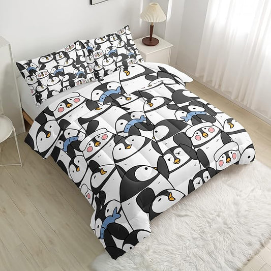 CVHOUSE Cartoon Penguin Bedding Set - 3 Pieces (1 Comforter + 2 Pillow Cases) - Twin, Full, Queen Sizes - Black