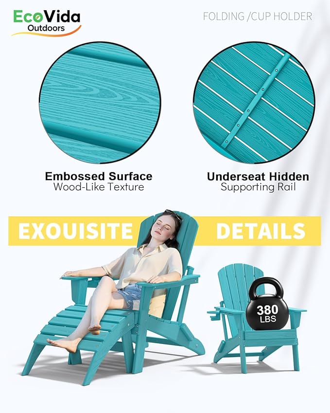 3-Piece Folding Adirondack Chair Set - 38" Extra Tall Back & Embossed Wood Grain, Oversized HDPE Patio Furniture with Side Table & Cup Holders, 380lb Heavy Duty, Aruba Blue