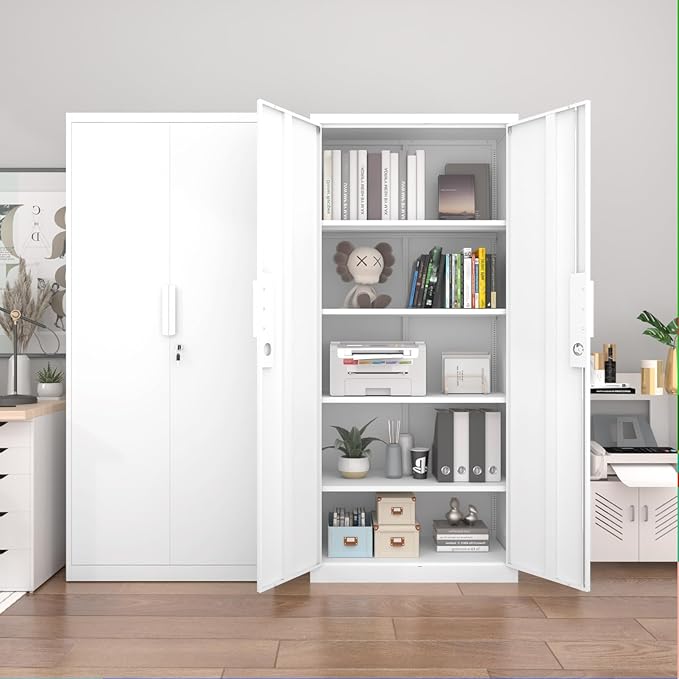 72" Metal Storage Cabinet with Doors and Adjustable Shelves,Locking White Storage Cabinet with Lock,Office,Gym,School,Home