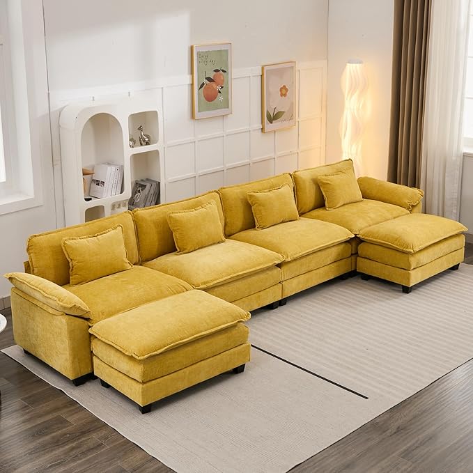 154" Modular Sectional Sofa, Comfy Cloud Couch Sectional Sofa with Ottoman, Chenille Sofa Sleeper Deep Seat Sofa with Throw Pillows for Living Room (Yellow, 154"- U Shape)