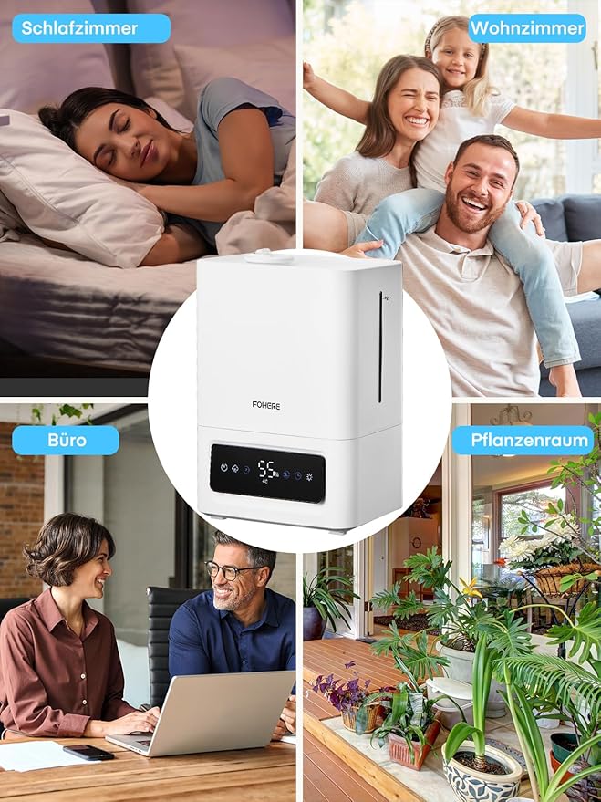 FOHERE 6L Humidifiers for Bedroom, 60H Cool Mist Humidifier for Large Room, 28dB Ultra-Quiet Runtime for Baby, Indoor, Plants, Smart Humidity Sensor, 16H Timer, Night Light, Oil Diffuser, White