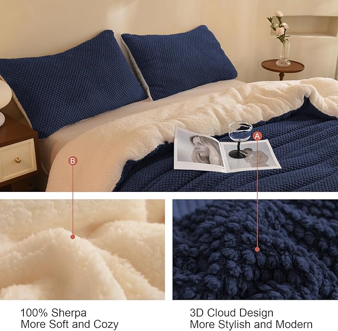 3D Jacquard Design Comforter Set, Ultra-Soft Warm King Size Sherpa Fur Plush 3-Pieces Sets Luxury Cozy Bedding with 2 Pillowcases (104"x90", Navy Blue)