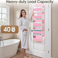 5-Tier Over The Door Organizer Hanging Storage Organizers with Clear Window 40lb Large Capacity Room Organizer for Pantry Bathroom Nursery Closet(Pink)