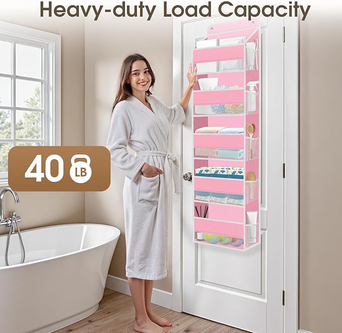 5-Tier Over The Door Organizer Hanging Storage Organizers with Clear Window 40lb Large Capacity Room Organizer for Pantry Bathroom Nursery Closet(Pink)